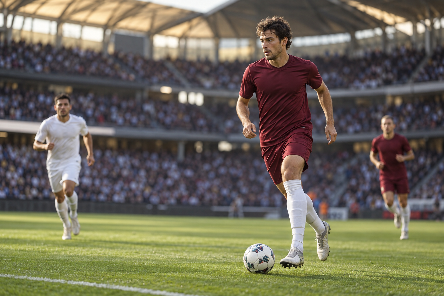 A footballer controlling the ball during a match on a professional stadium pitch.