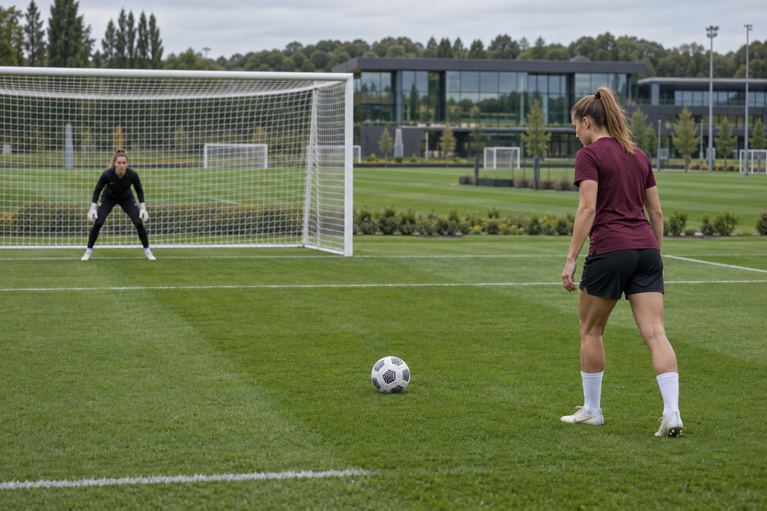 A footballer preparing for a penalty at a professional club training centre on a pristine pitch.